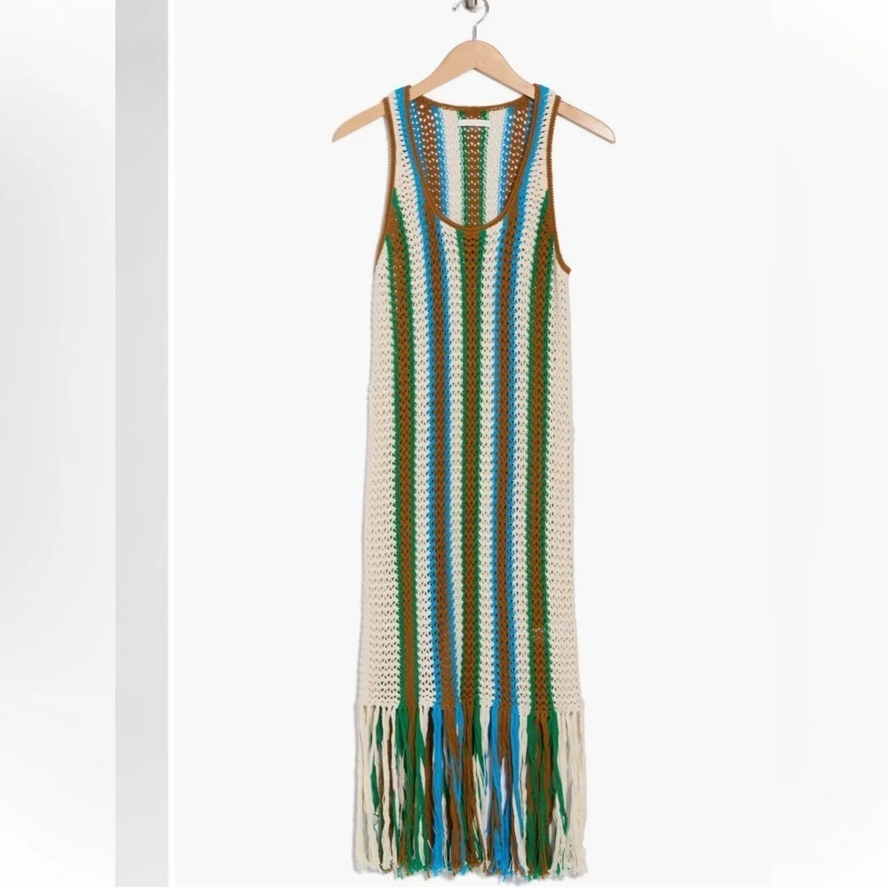 NWT MOTHER the benefits cotton Multicolor Crochet Fringe midi dress medium - Picture 3 of 3